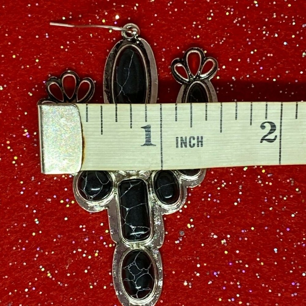 Black Saguaro Cactus Black Turquoise Red Earrings - Picture 9 of 9